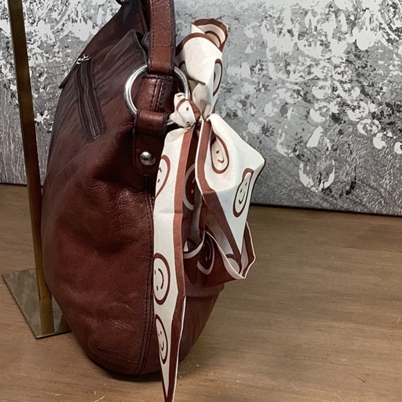 Hobo Brand Chic Brown Leather Hobo Bag with Scarf Accent, good used condition. - Picture 7 of 15